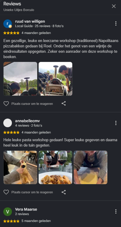 Drie vijfsterrenbeoordelingen van Unieke Uitjes op Google.